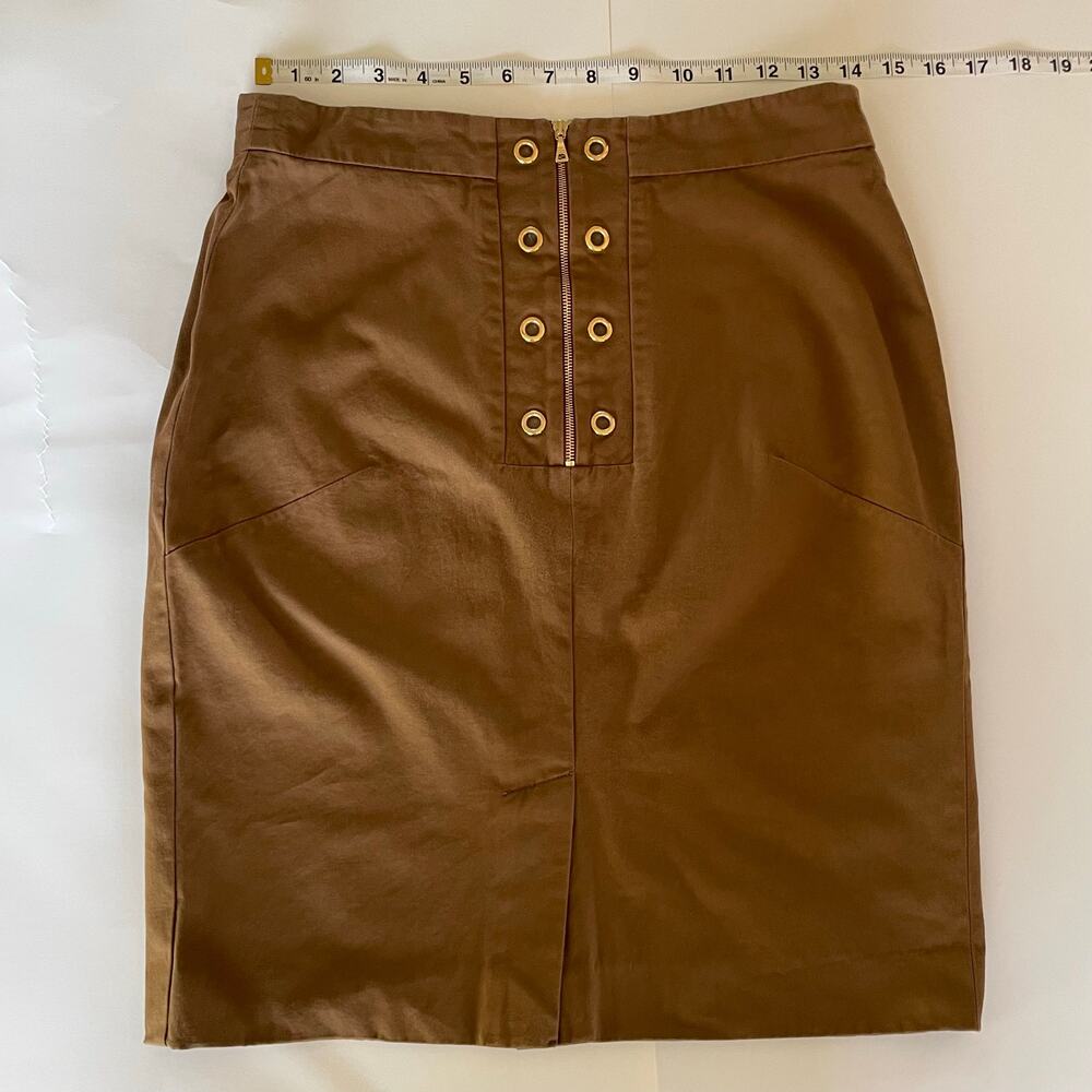 Prada Brown Midi Skirt Gold Grommet Zip Italy Size 46 Minimalist Luxury Classic - Picture 12 of 14